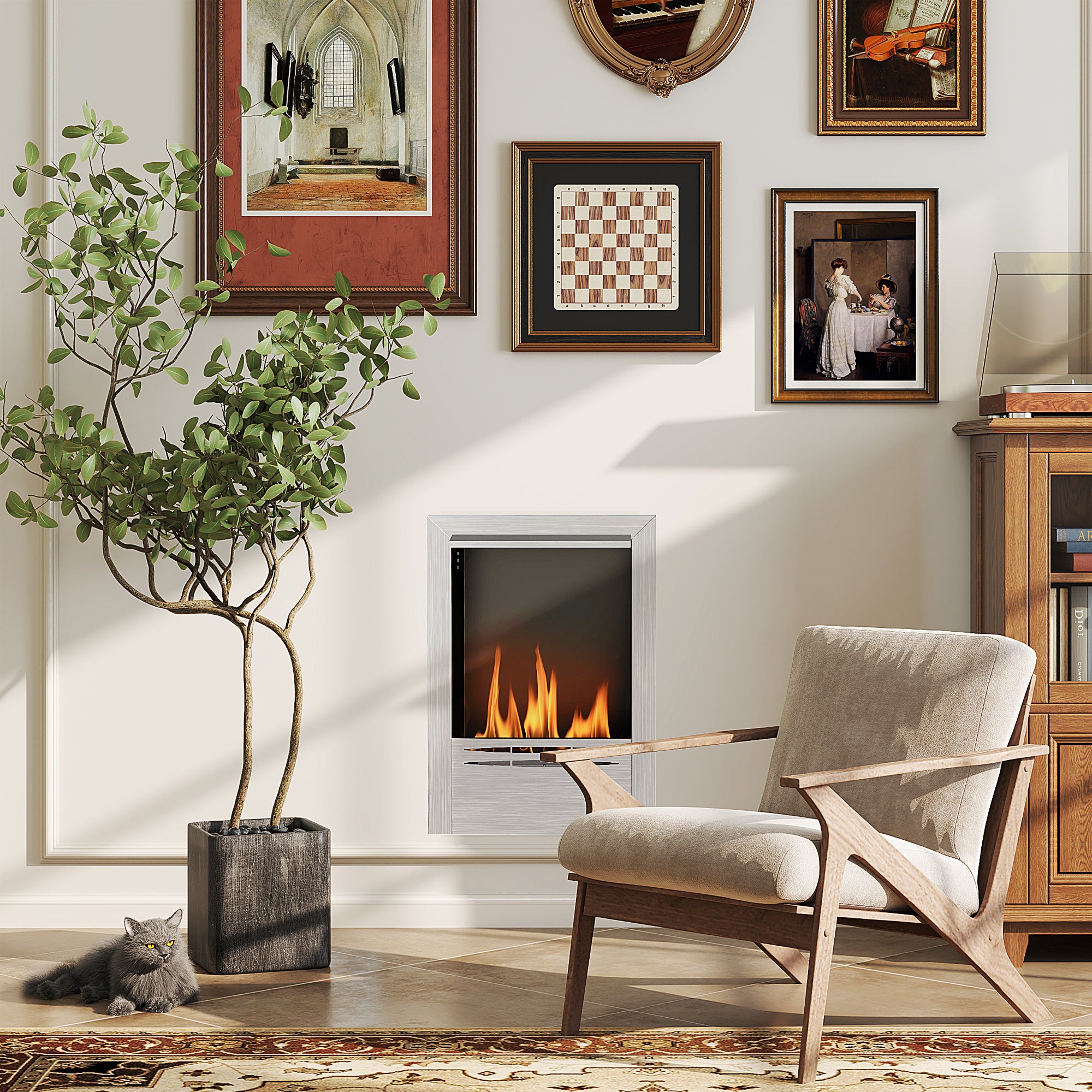 Built-in Bioethanol Fireplace in Steel, 0.9L Capacity and 3.3 Hours Duration, 48x18x59 cm, Silver