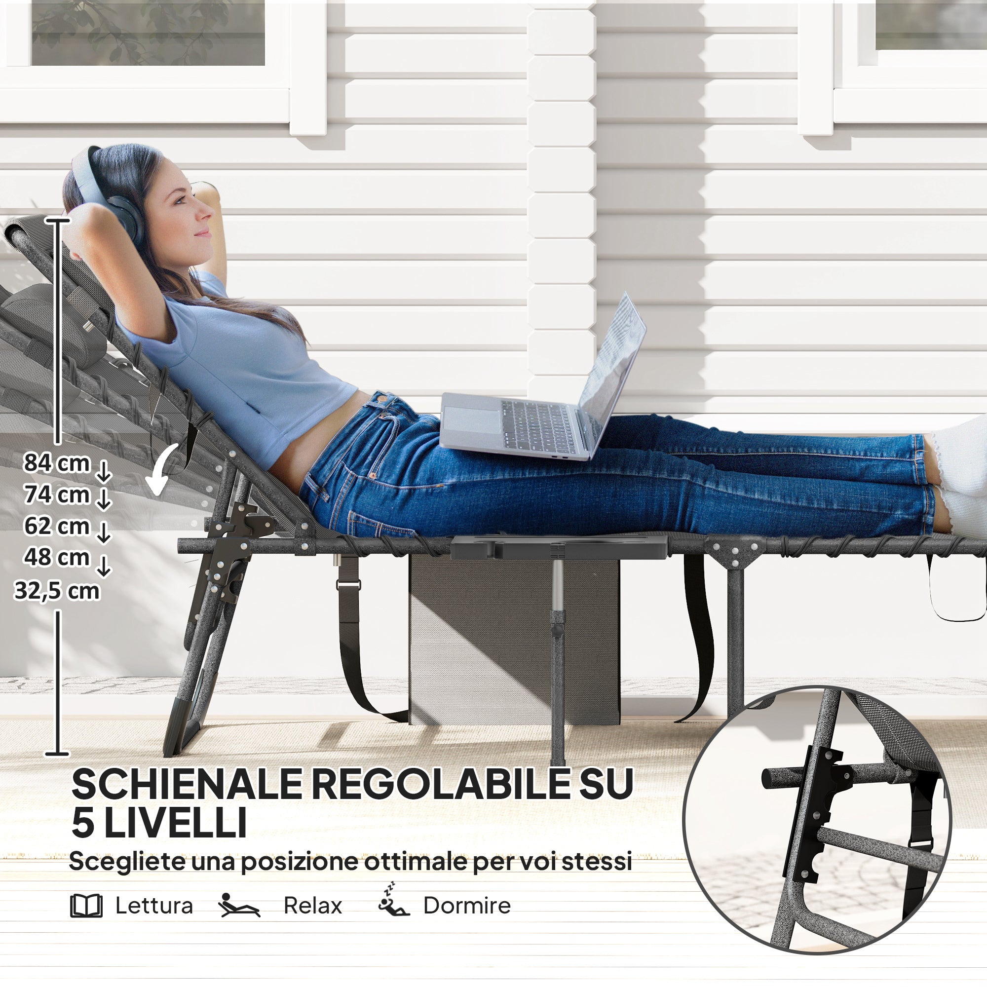 Folding and Reclining Garden Deckchair with 5 Levels with Side Table and Pocket, 60x190x31 cm, Gray and Black