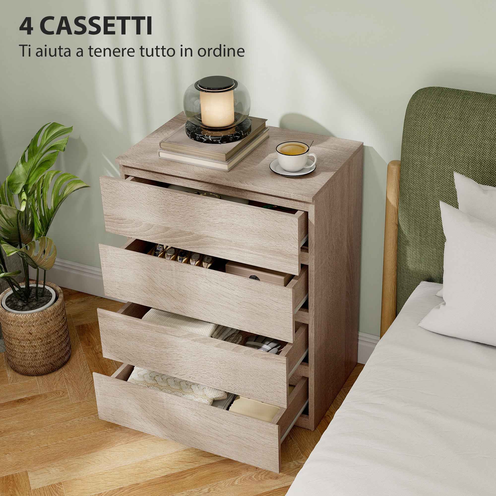 HOMCOM 4-Drawer Wooden Chest of Drawers with Metal Rails and Grooved Handles, 60x40x80 cm, Beech Color