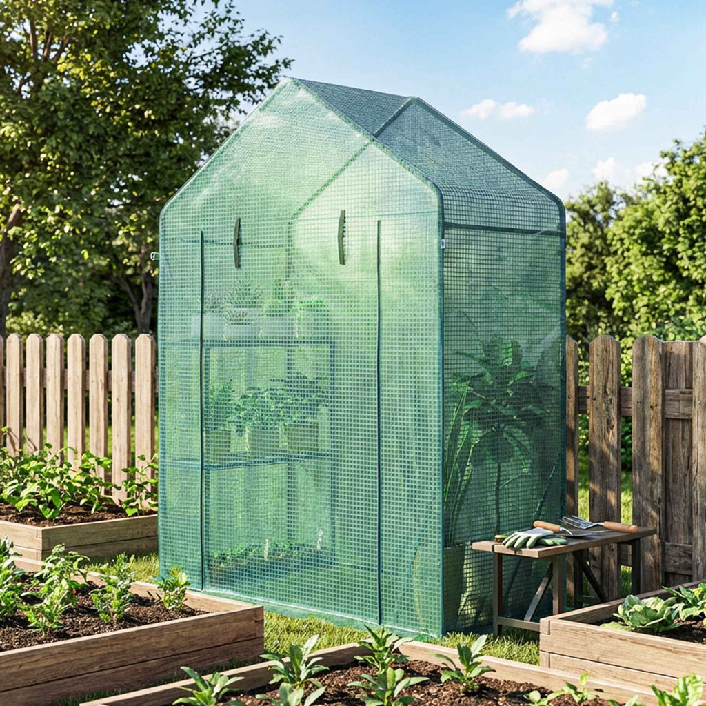 Outsunny Garden Greenhouse 143 x 73 x 195 cm with 2-Tier Shelf, Green