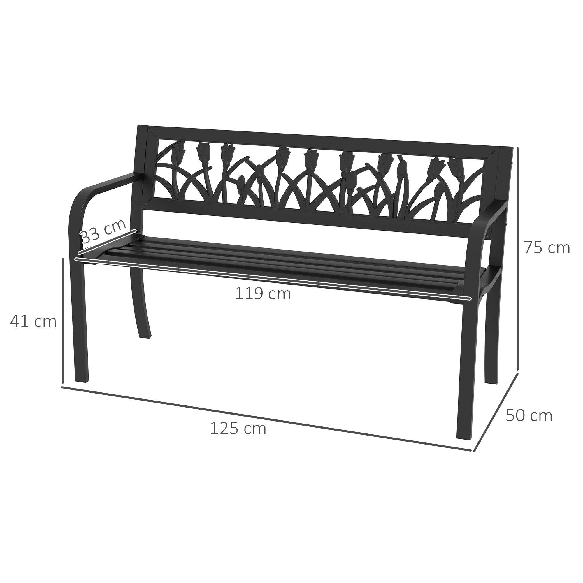 Outsunny 2 -seater garden bench with decorated back and armrests, 125x50x75cm, black - Borgè