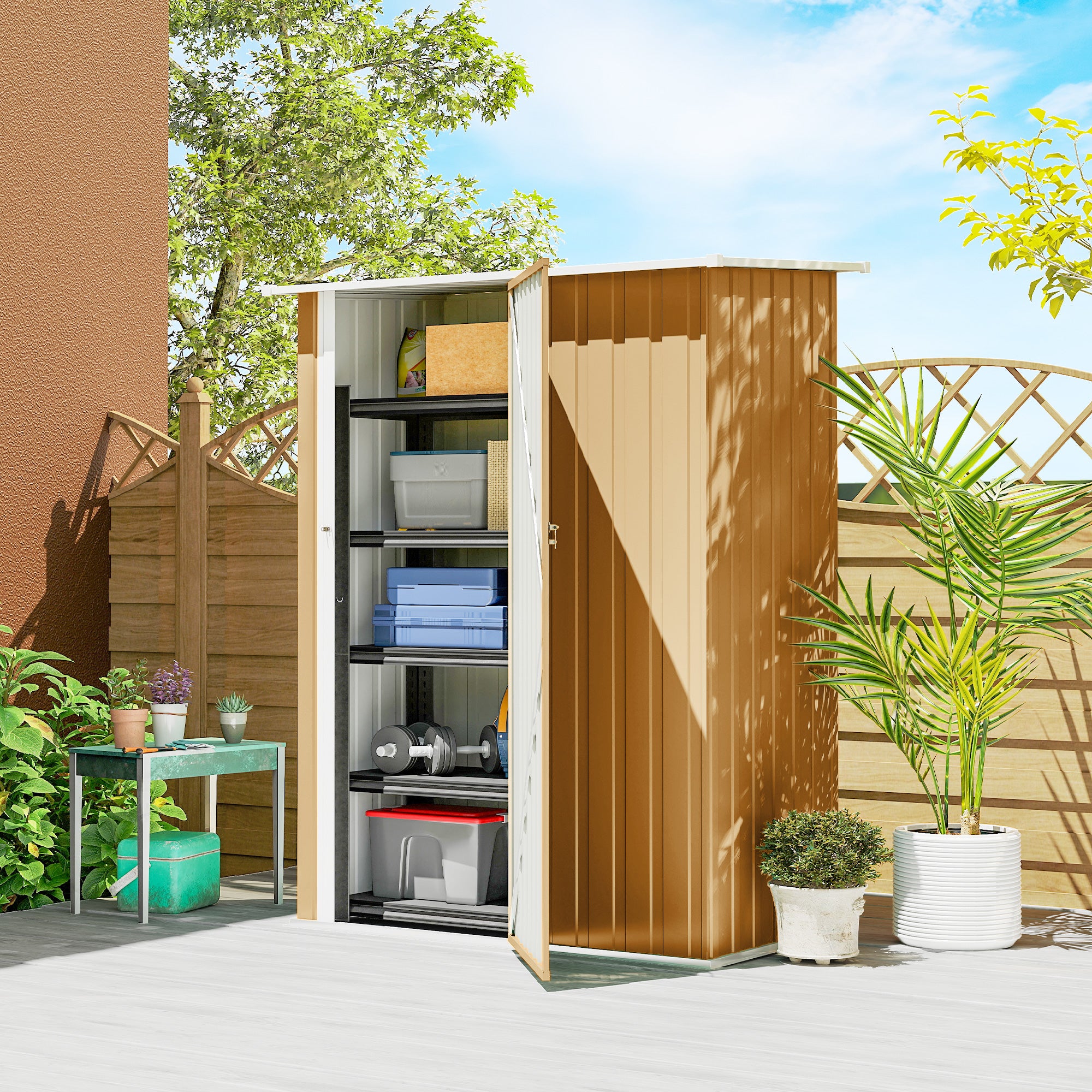 Outsunny Metal Tool Shed with Sloped Roof and Lockable Door, 142x86x189 cm, Yellow