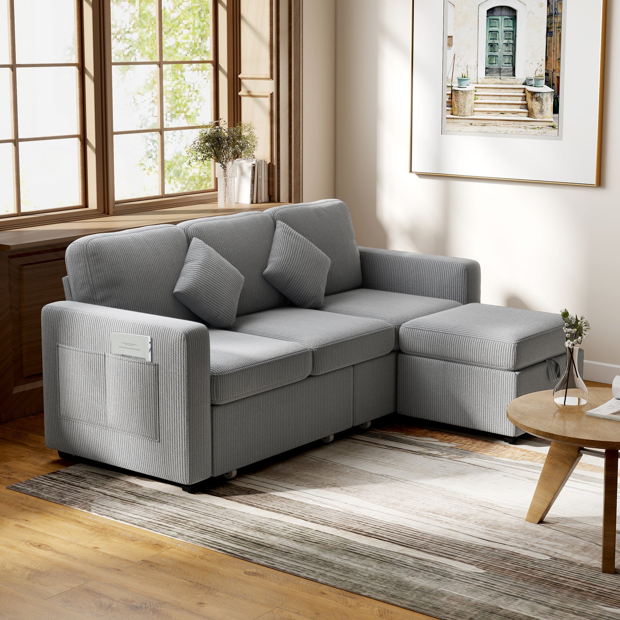 3-Seater Modular Sofa with Storage Pouf in Corduroy, 196x139x85 cm, Light Grey