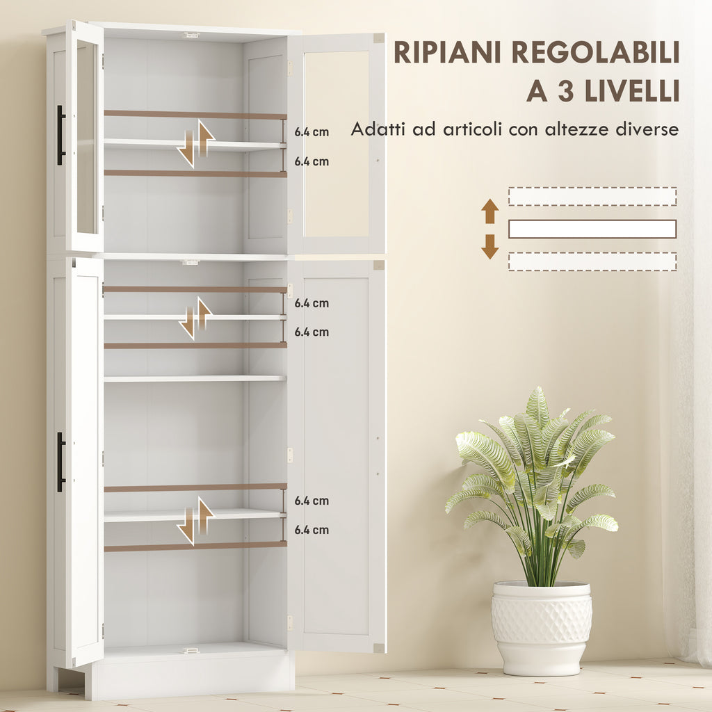 Tall Bathroom Cabinet with Adjustable Shelves, Glass and Wood Doors, 60x30x170 cm, White