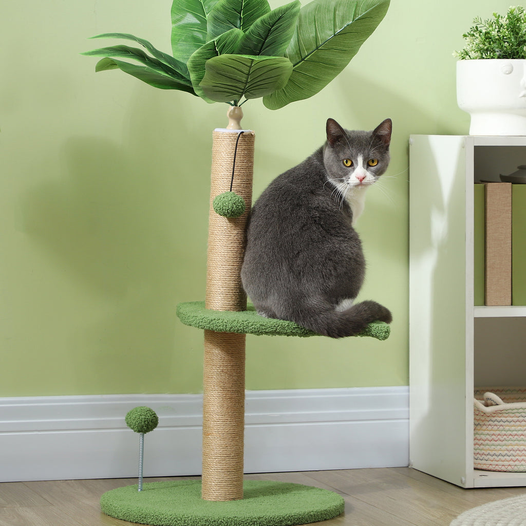 Cat Tree with Scratching Post, Platforms and Balls, Plush and Chipboard, Ø40x83 cm, Green