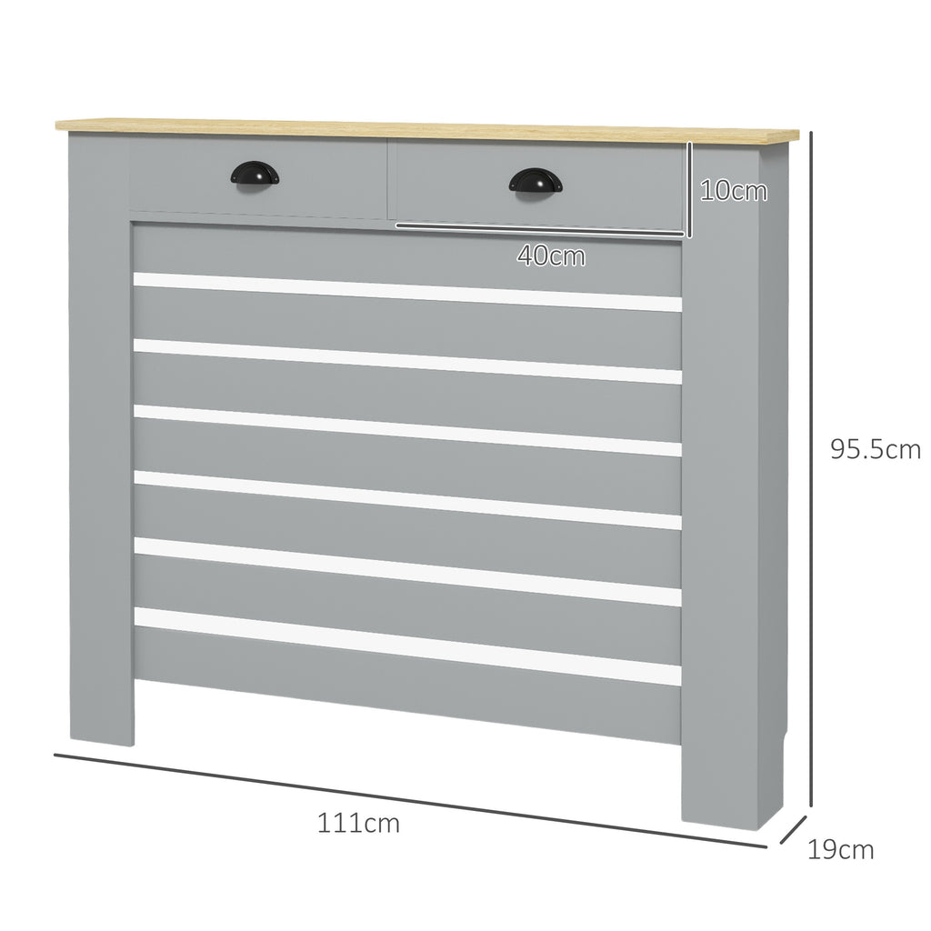 Slatted MDF Radiator Cover, Grille Radiator Cover with 2 Drawers, 111x19x95.5 cm, Grey