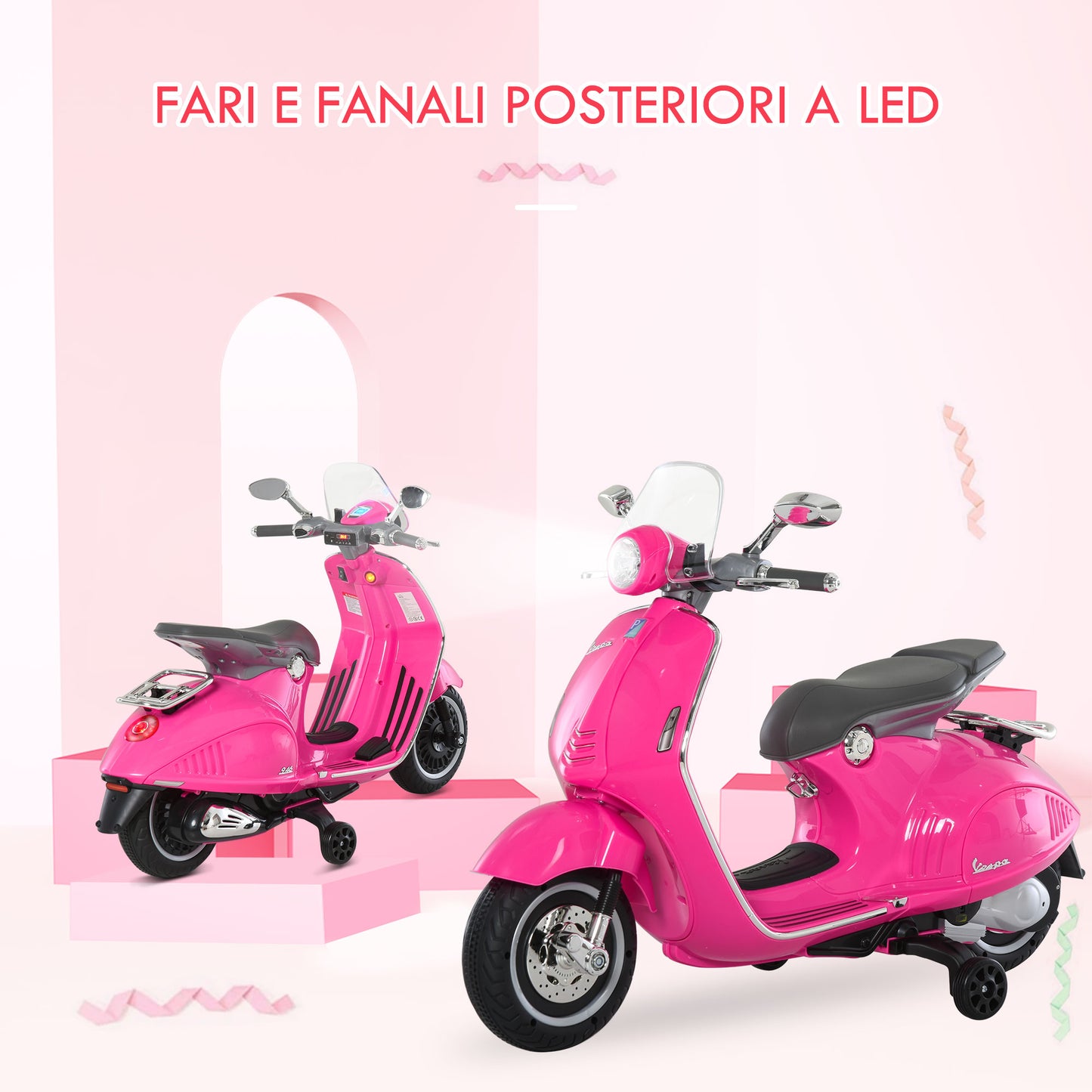 Officially Licensed Vespa Electric Motorcycle for Kids, 2 Wheels, Lights and Sounds, 108x49x75 cm, Pink - Borgè