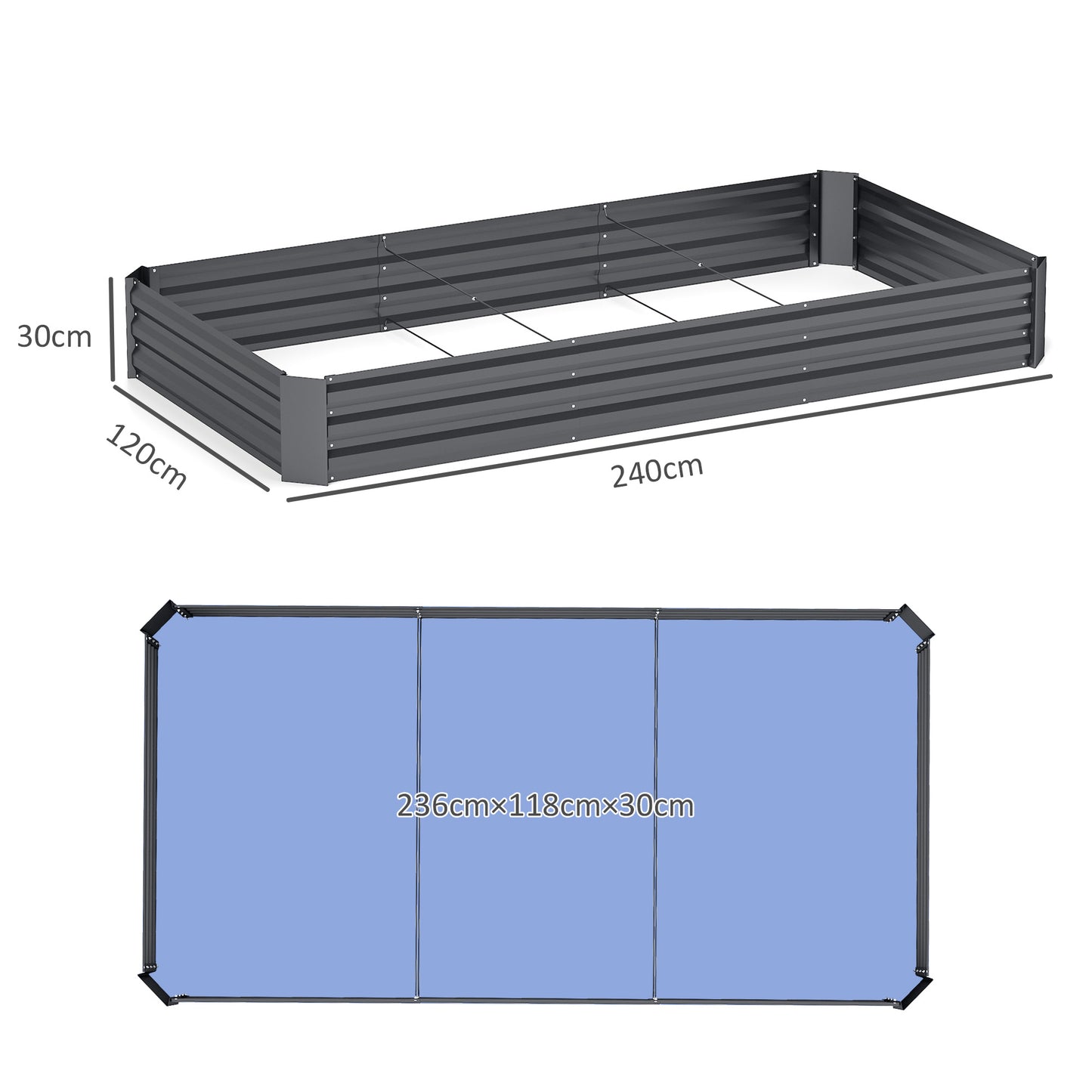 Steel Raised Garden Bed 835L with Open Bottom, 240x120x30cm, Dark Grey