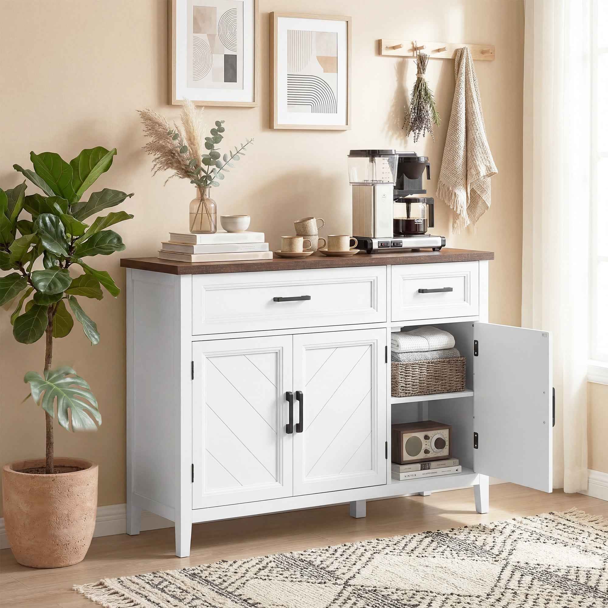 HOMCOM Wooden Kitchen Sideboard with 3 Barn Doors, 2 Drawers and 2 Adjustable Shelves, White