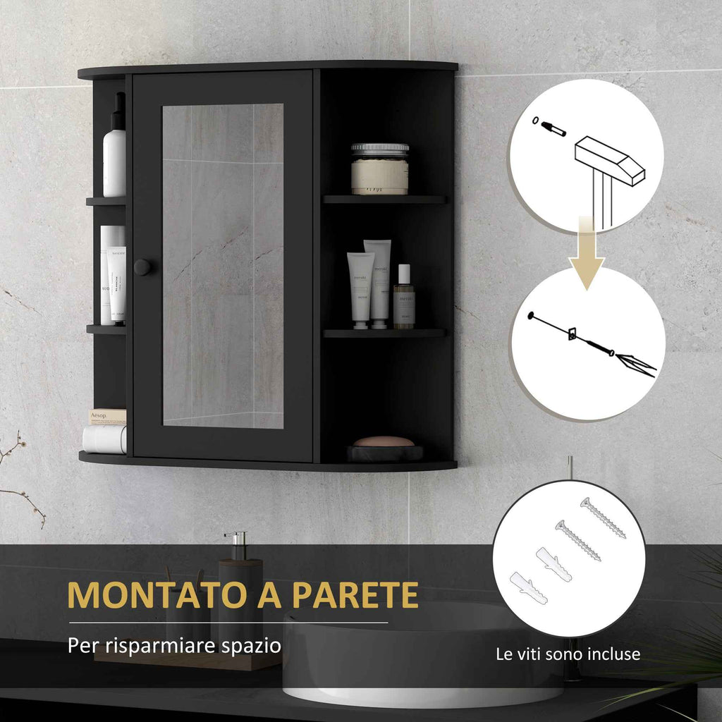 HOMCOM Bathroom Mirror with 6 Open and 2 Closed Shelves, Wood and Glass, 66x17x63 cm, Black