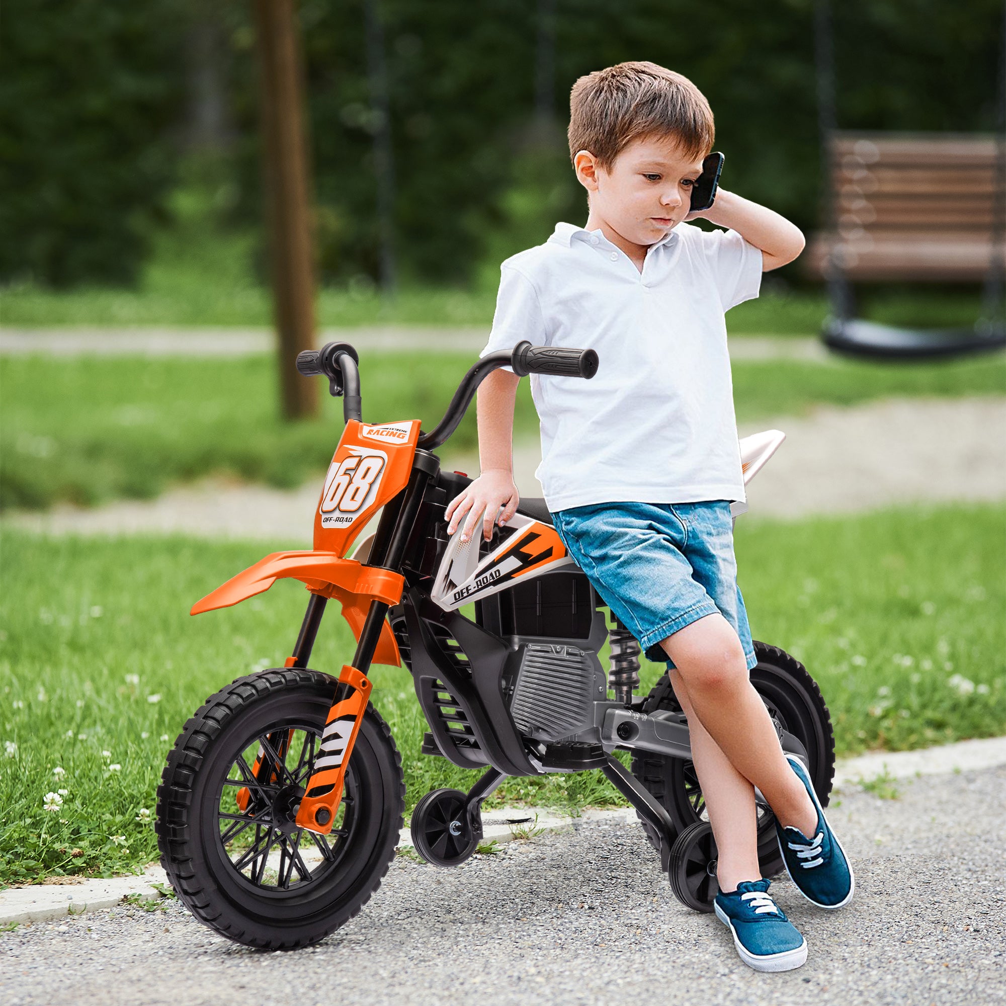 Electric Motorcycle for Kids with Removable Training Wheels, Suspension, Sounds and Charge Indicator, Orange