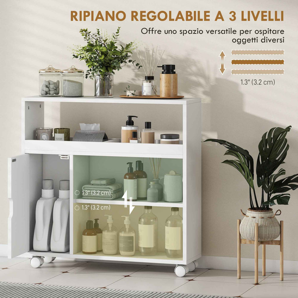 HOMCOM Wooden Bathroom Cabinet with Wheels, Open Space, Adjustable Shelves and Glass Doors, 71x20x70 cm, White