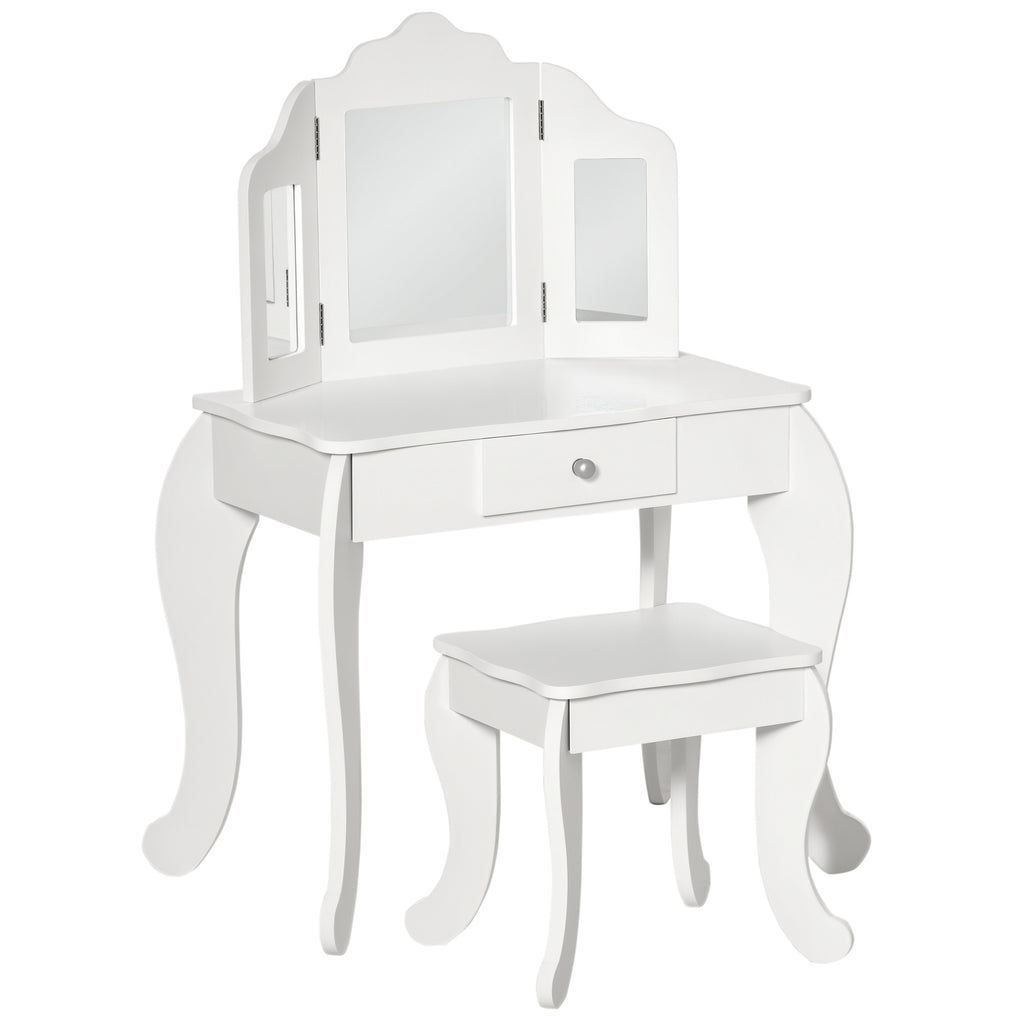 Children's Dressing Table with Stool and Triple Mirror, Wood and Acrylic, 63x40x85.5 cm, White