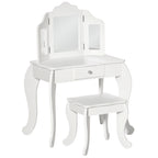 Children's Dressing Table with Stool and Triple Mirror, Wood and Acrylic, 63x40x85.5 cm, White
