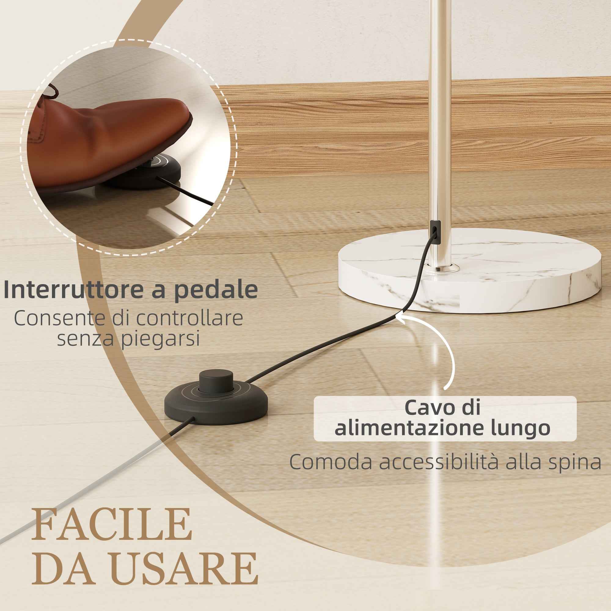 HOMCOM Arc Floor Lamp with Foot Switch, Marble, Metal and Plastic, 26x90x180 cm, White and Orange