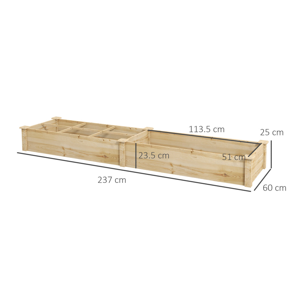 Raised Garden Bed with Internal Divider and Open Bottom, 237x60x25cm, Natural WoodRaised Garden Bed with Internal Divider and Open Bottom, 237x60x25cm, Natural Wood