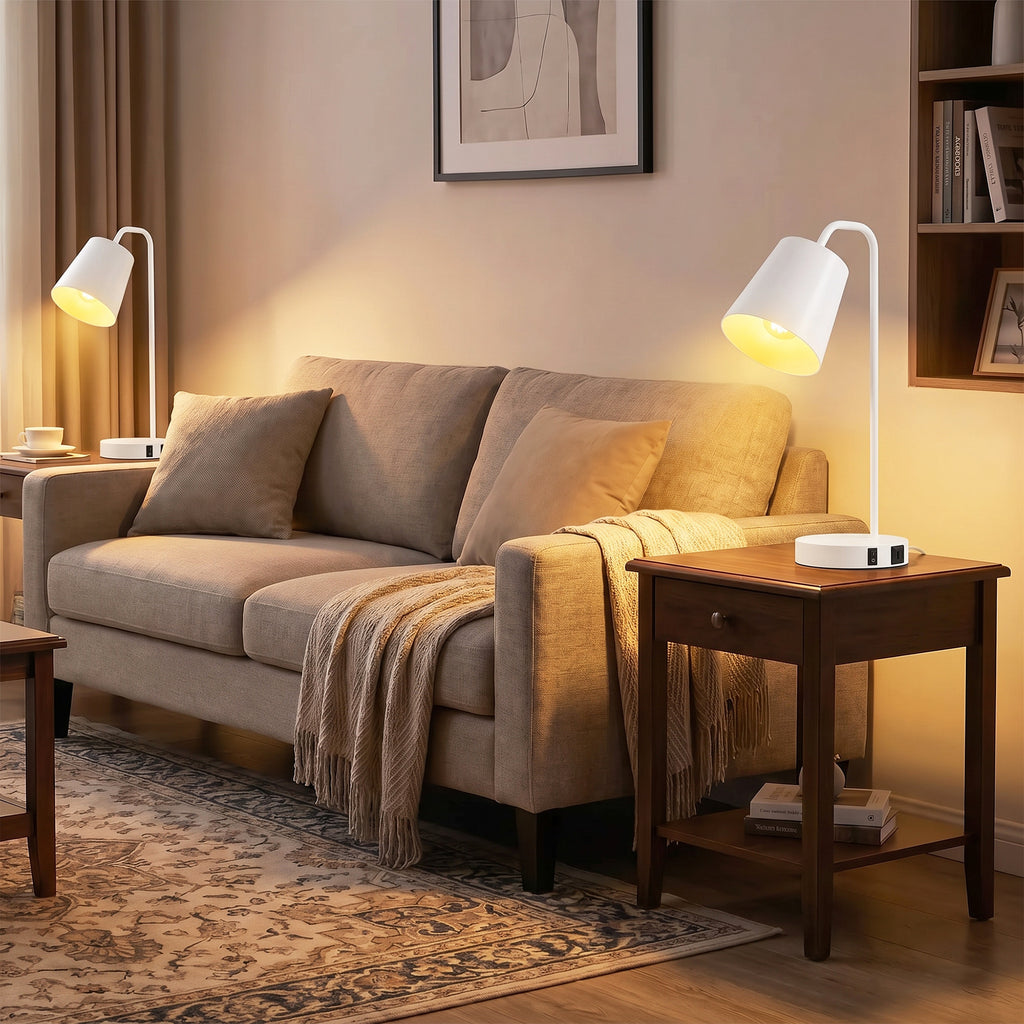 HOMCOM Set of 2 Modern Steel Table Lamps with USB Ports, E27 Socket, White