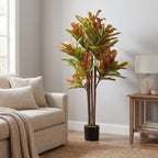HOMCOM Artificial Croton Plant in Multi-Color, PEVA and Wood, with a PP and Cement Pot, 55x55x120 cm