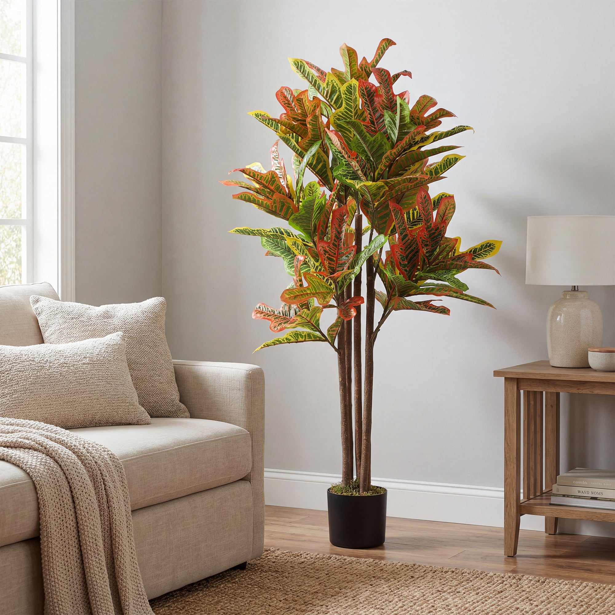 HOMCOM Artificial Croton Plant in Multi-Color, PEVA and Wood, with a PP and Cement Pot, 55x55x120 cm