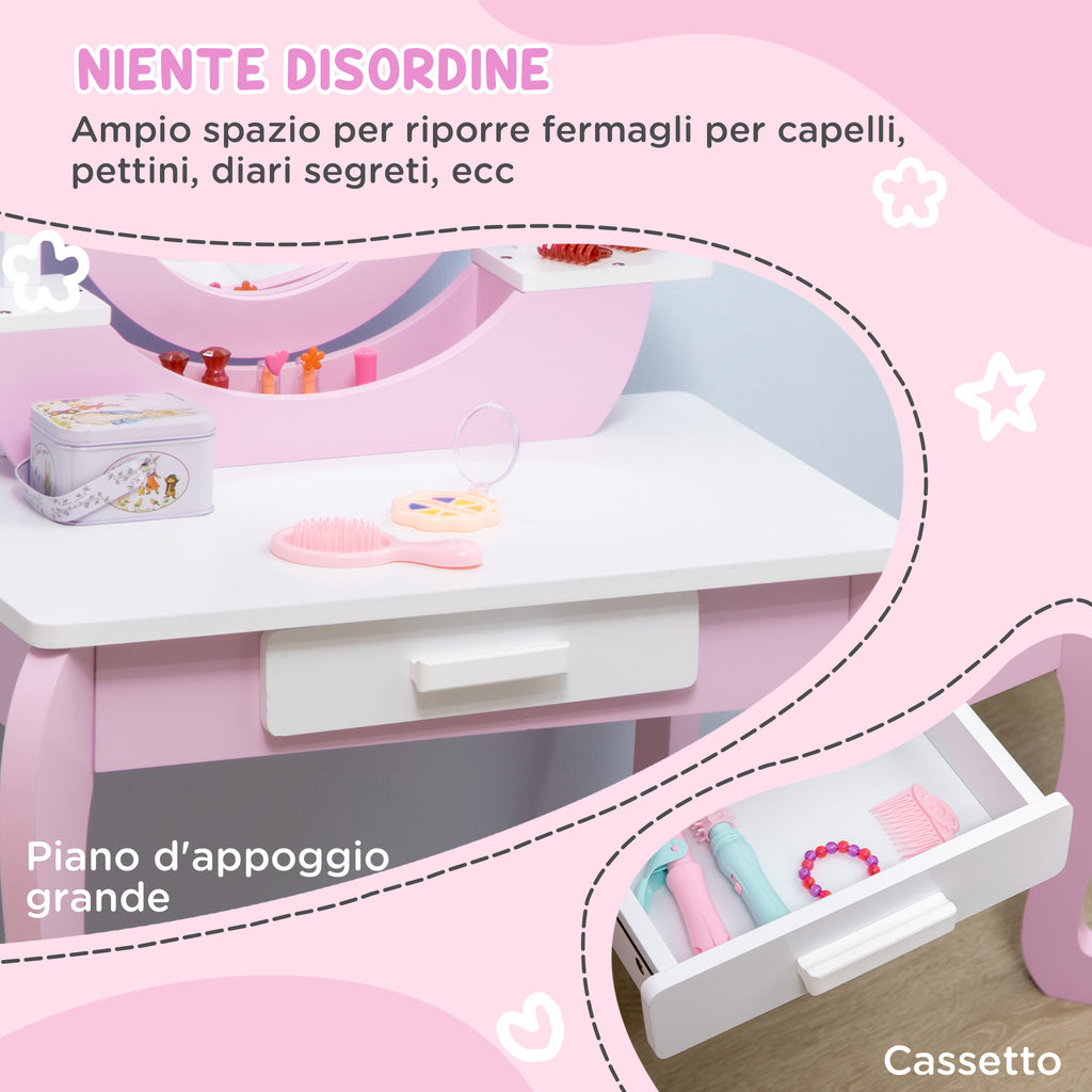 Kids Makeup Dressing Table Set with Mirror Table and Stool, Ages 3-6 Years, Pink