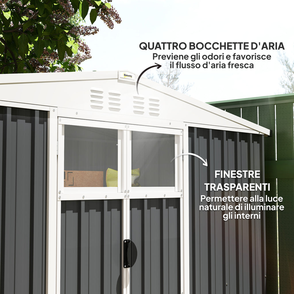 Garden Tool Shed in Galvanized Steel with 2 Doors, 246x117x180 cm, Dark Grey