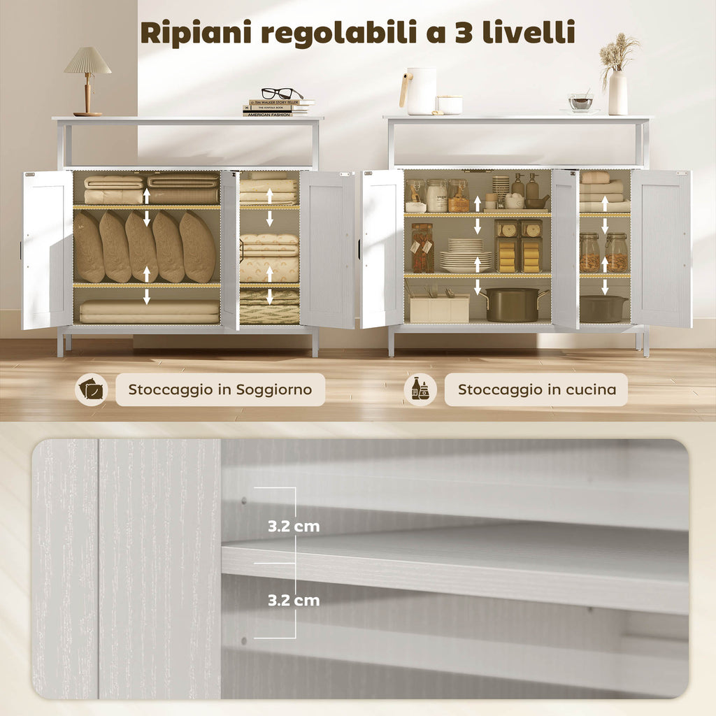 Kitchen Sideboard with Open Shelf and 2 Cabinets, Wood and Steel, 100x35x88 cm, White