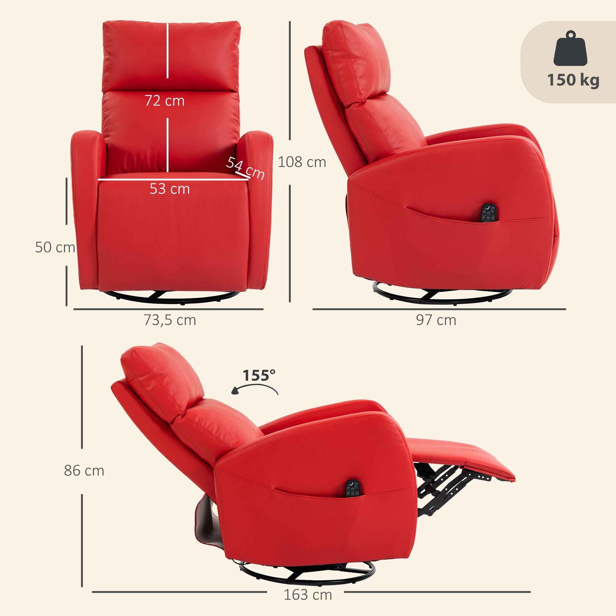 HOMCOM PU Leather Reclining Massage Chair with Heated Footrest and Remote Control, Red
