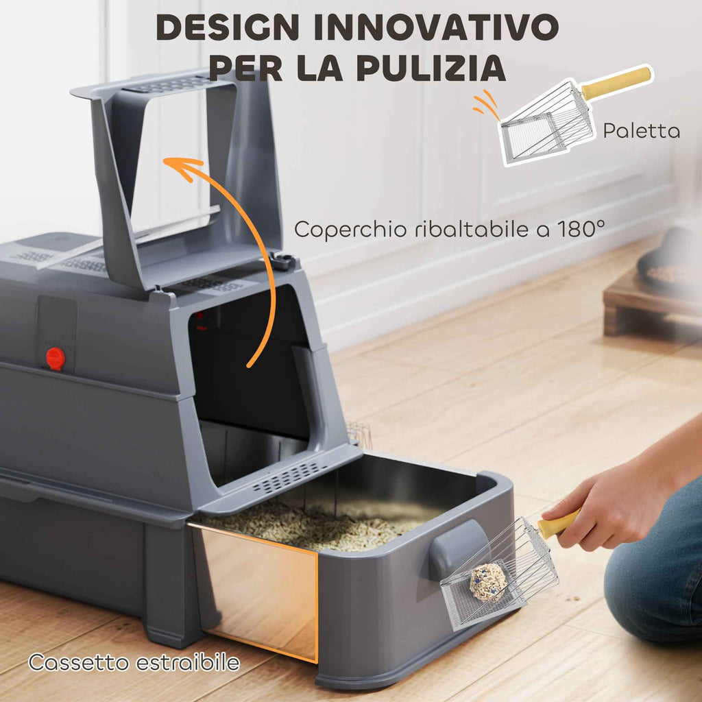 PawHut 80L Enclosed Cat Litter Box with Removable Tray, ABS and Stainless Steel, 63x43x43 cm, Dark Grey