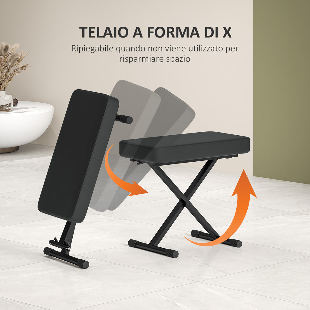 Piano Stool Foldable and Adjustable to 4 Heights, in PU Leather, Foam and Metal, 60x32x53-63 cm, Black