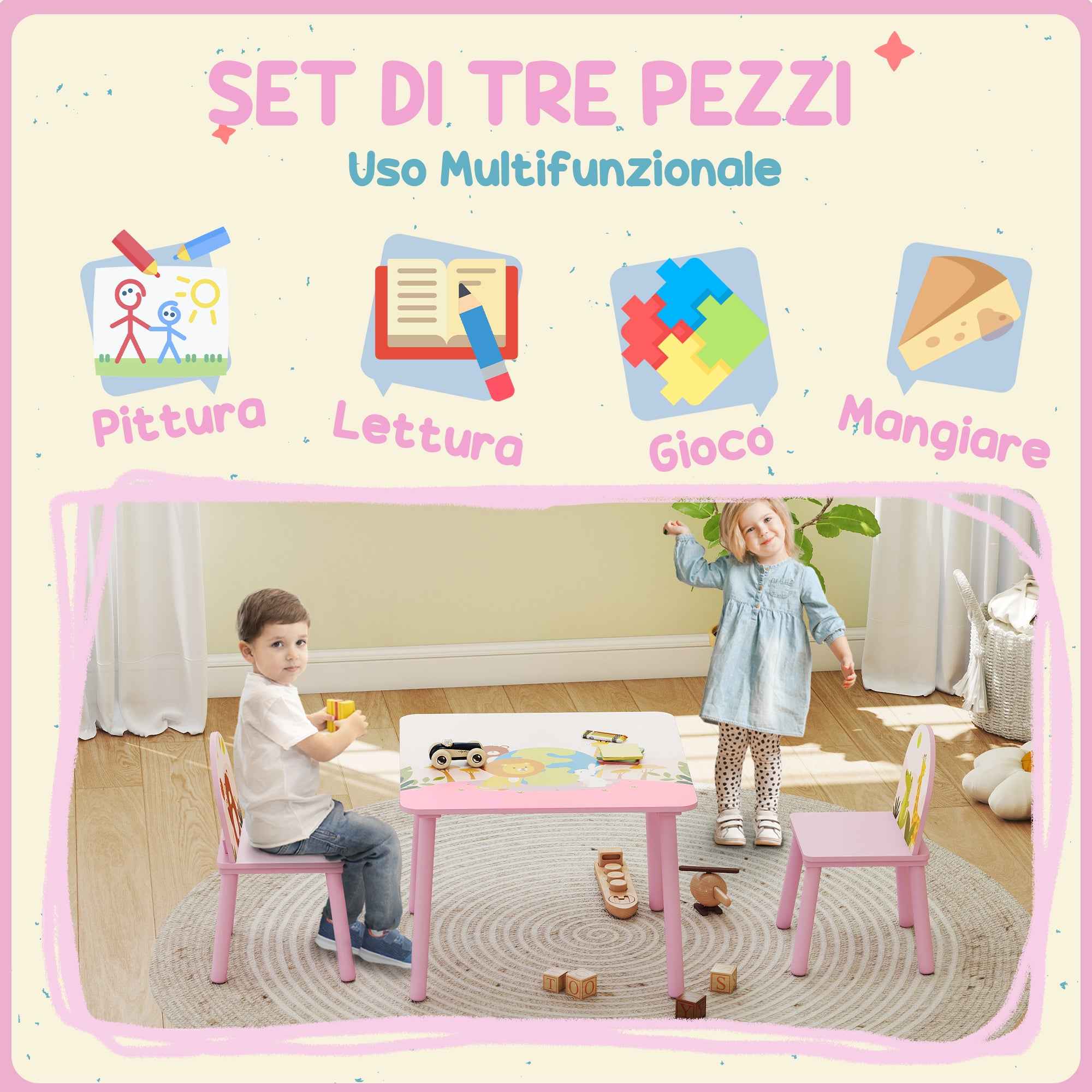 AIYAPLAY Children's Table and Chair Set for 3-8 Years Old with Animal Patterns and Rounded Edges, in MDF and Pink Pine Wood