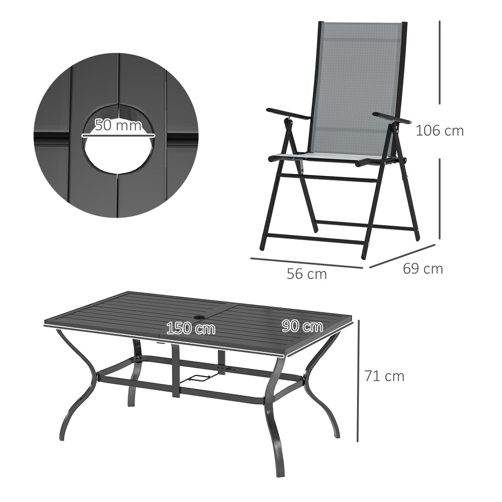 7-Piece Garden Set with Dining Table with Umbrella Hole and 6 Folding Chairs, Gray