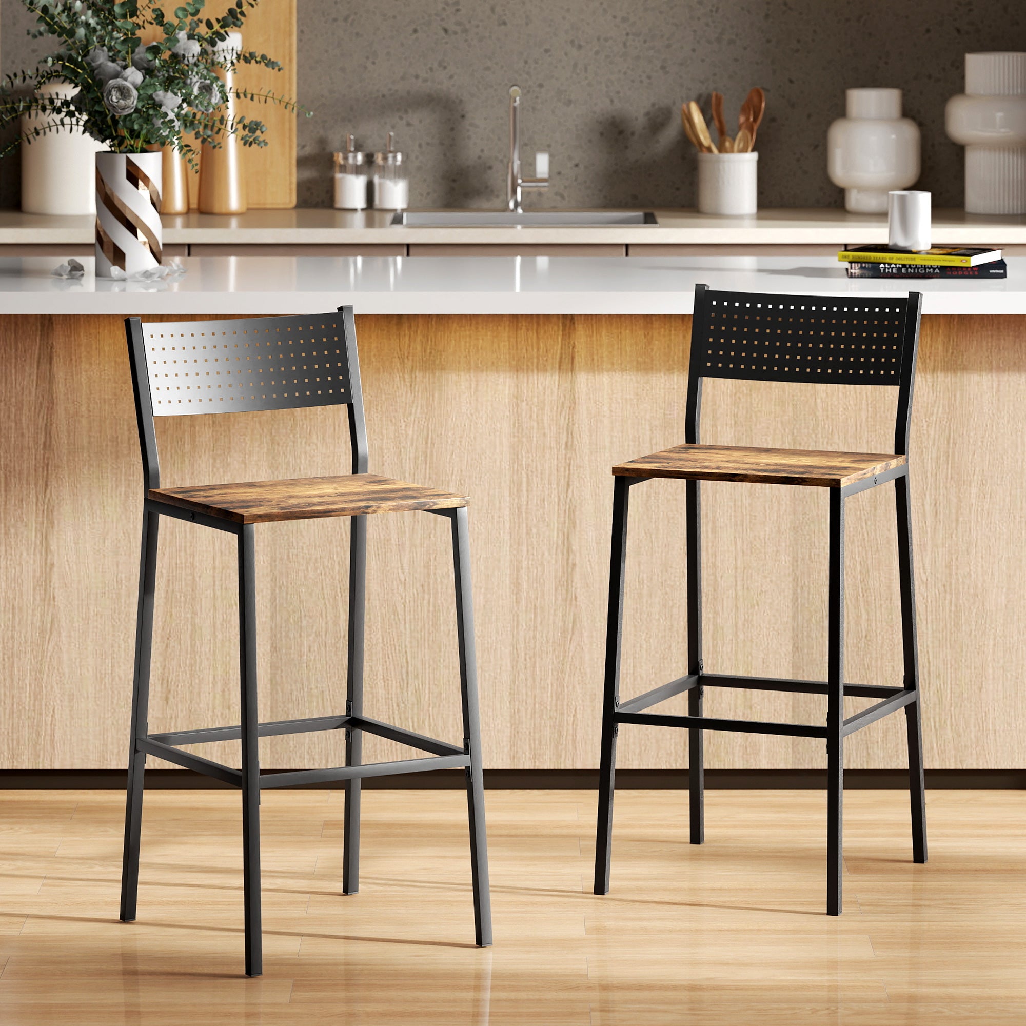 Set of 2 Industrial Style Bar Stools with Backrest and Integrated Footrest, Rustic Brown