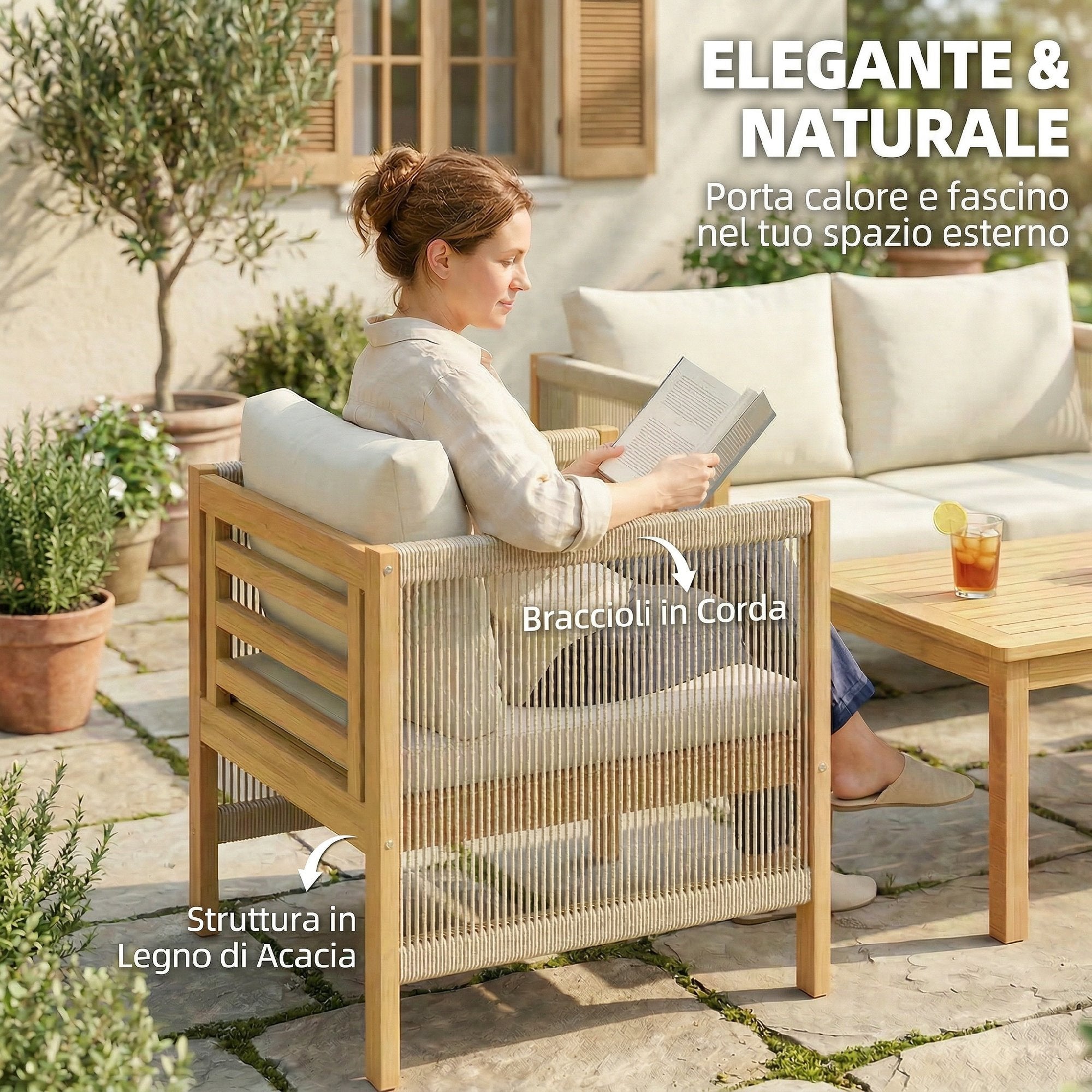 Outsunny 4-Piece Garden Lounge Set with Sofa, 2 Armchairs with Cushions and Coffee Table in Acacia Wood