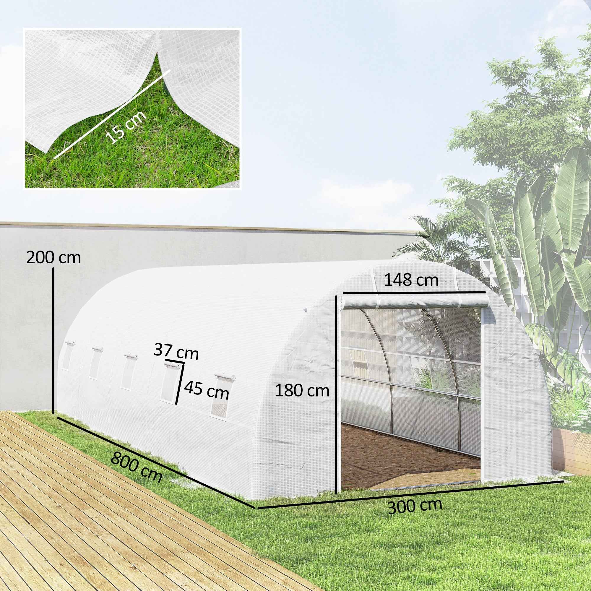 Outsunny 8x3x2 m Tunnel Greenhouse with Plastic Lining and Reinforced Steel, White