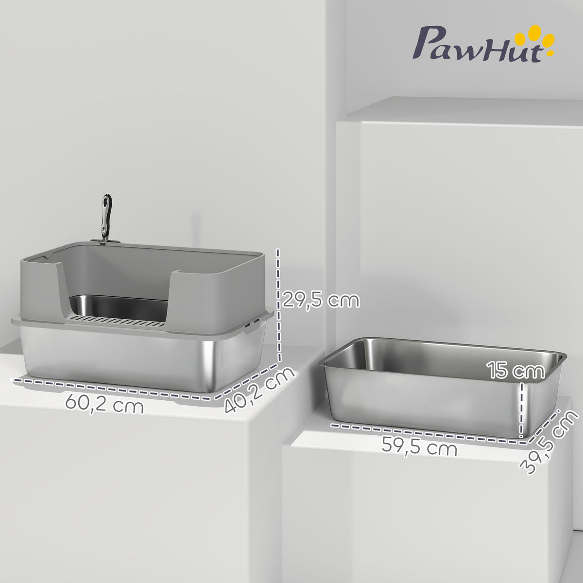 PawHut XL Stainless Steel Cat Litter Box with Scoop, High Sides, Leak-Proof, Odor-Resistant, Up to 7 kg, Grey