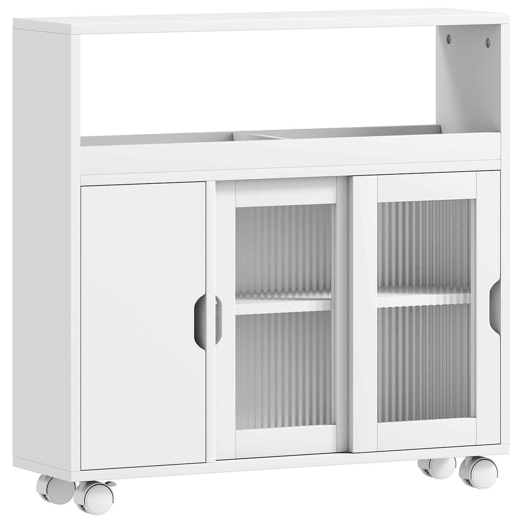 HOMCOM Wooden Bathroom Cabinet with Wheels, Open Space, Adjustable Shelves and Glass Doors, 71x20x70 cm, White