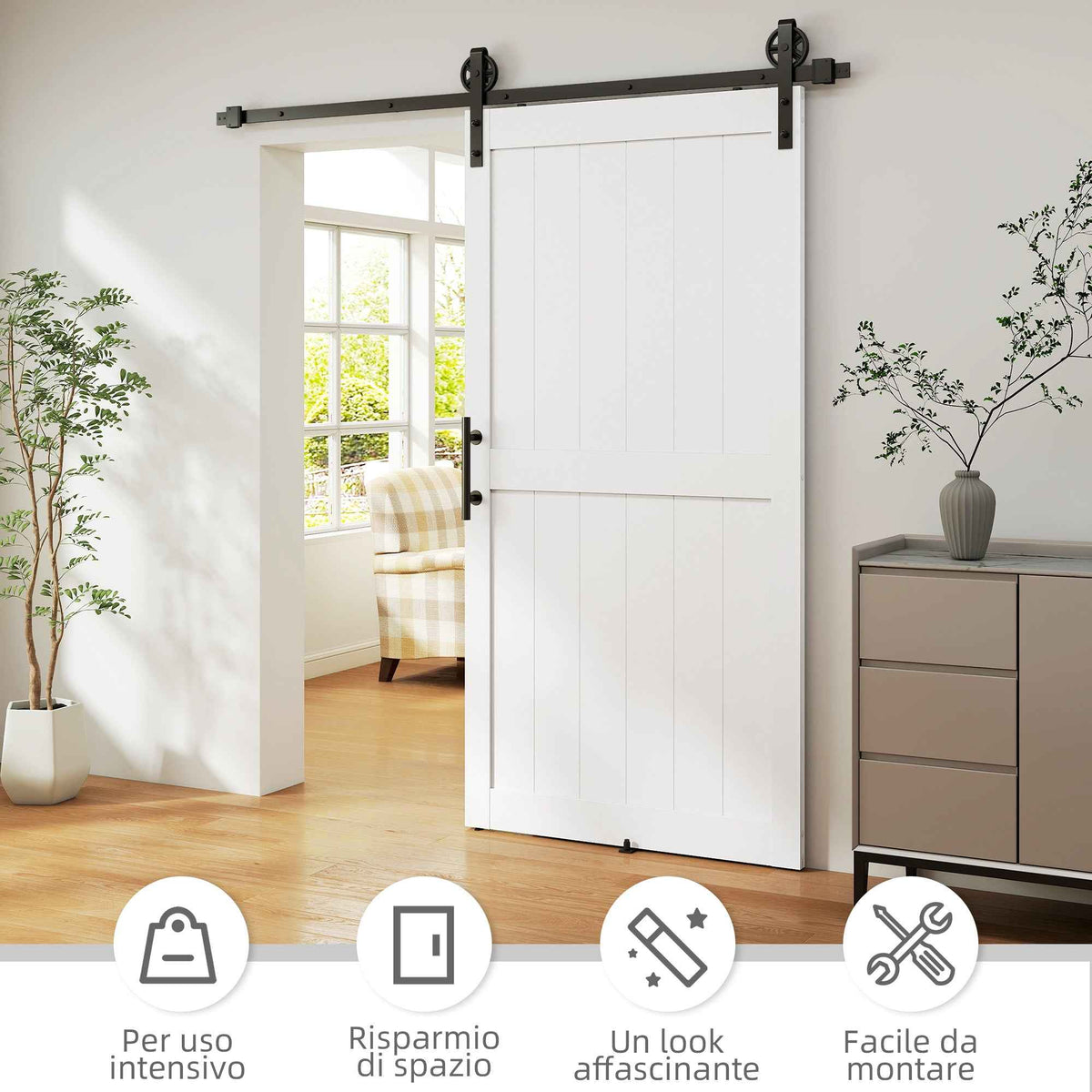 HOMCOM Country Style Sliding Door with Track and Handle in Wood and Steel, 106.6x213.4 cm, Black and White