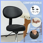 Beautician Stool with Wheels and Backrest, Adjustable Height and Swivel Seat in Faux Leather, Black
