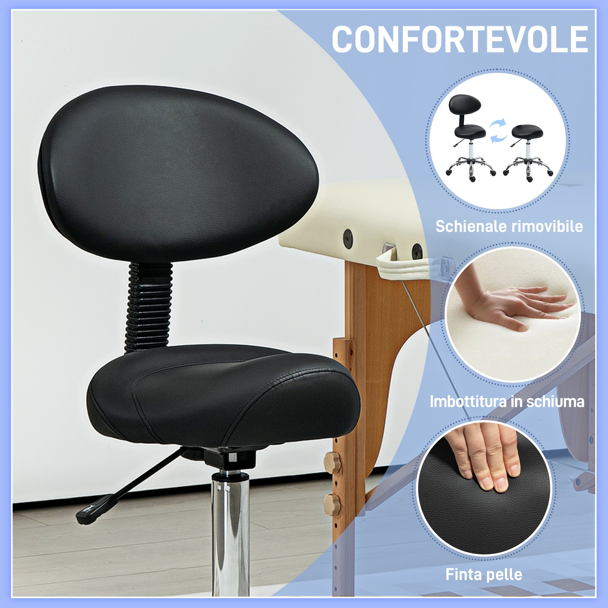 Beautician Stool with Wheels and Backrest, Adjustable Height and Swivel Seat in Faux Leather, Black
