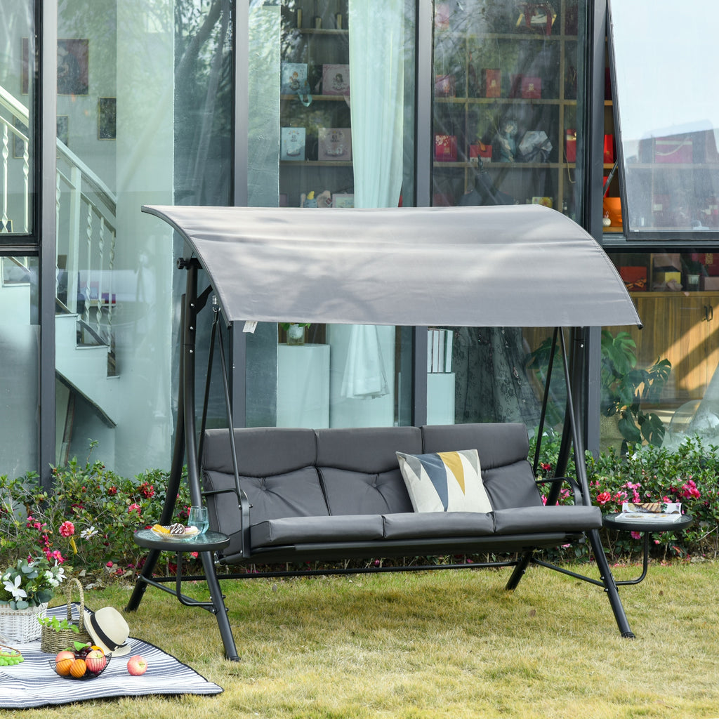 Outsunny 3-Seater Garden Swing, Outdoor Swing with Adjustable Canopy and 2 Side Tables, Grey 271x125x177cm