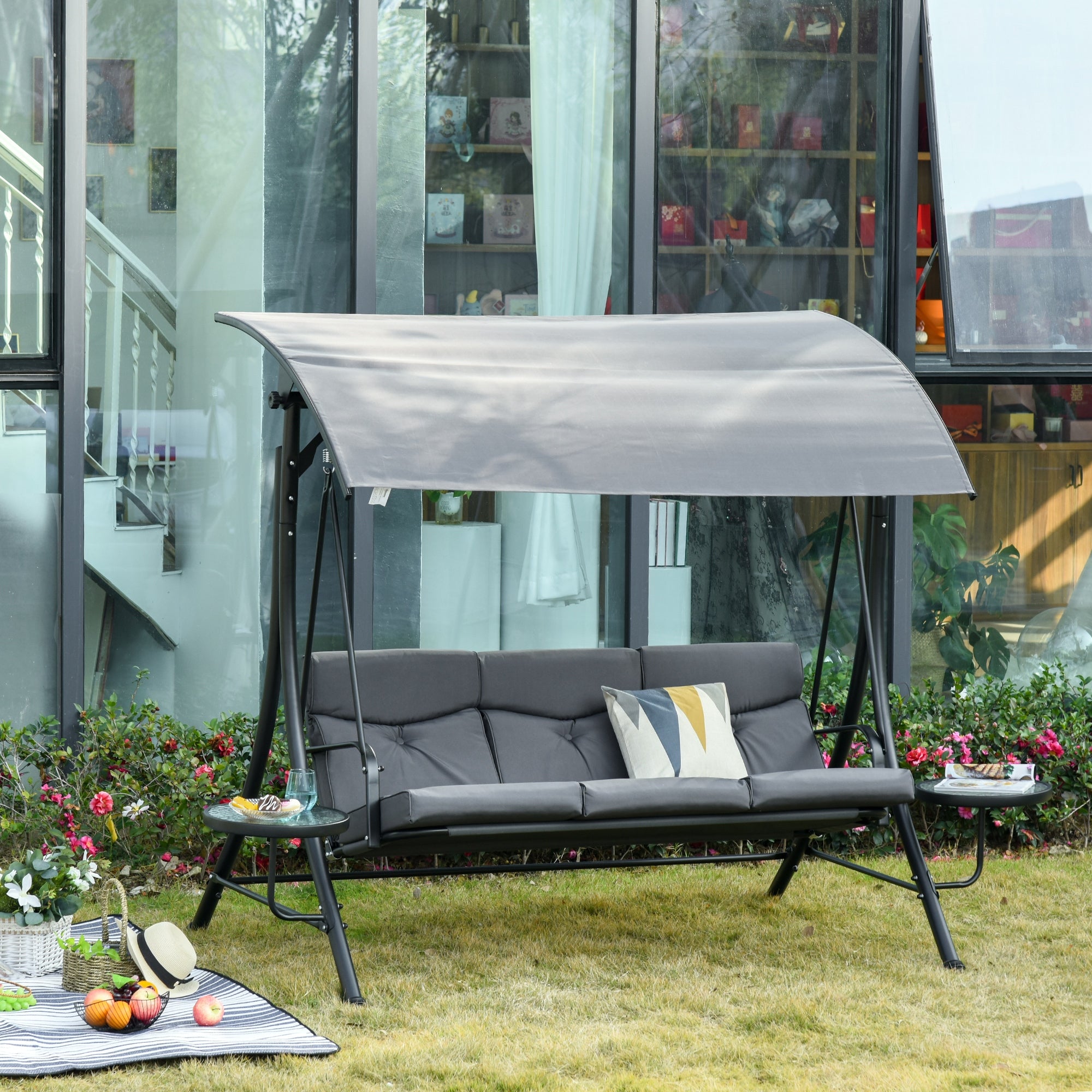 Outsunny 3-Seater Garden Swing, Outdoor Swing with Adjustable Canopy and 2 Side Tables, Grey 271x125x177cm