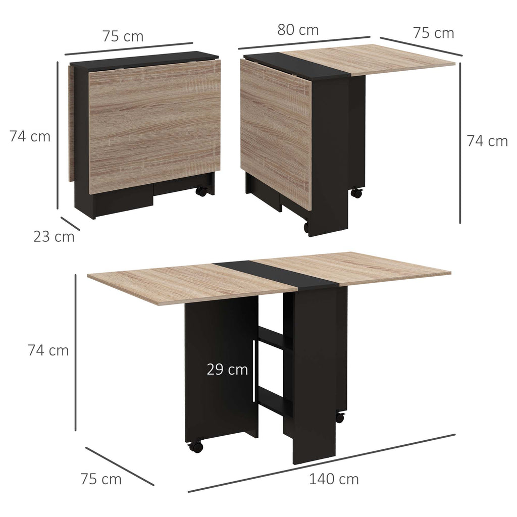 LEAF - Foldable Console Table for 4-6 people with Wheels and Shelves, 140x75x74cm, Oak and Black