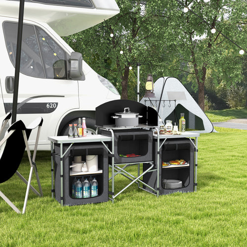 3-Tier Folding Camping Kitchen with 5 Internal Shelves and 4 Hooks, 172x48x119 cm, Black