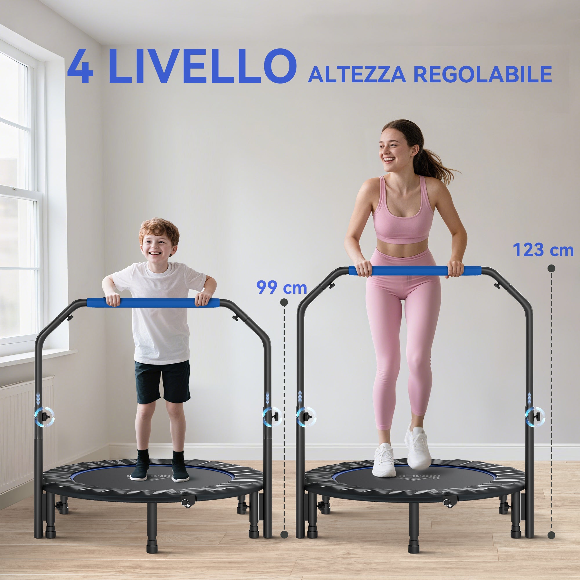 HOMCOM Mini Fitness Trampoline Ø114 cm Foldable with Height-Adjustable Handlebar, Blue and Black