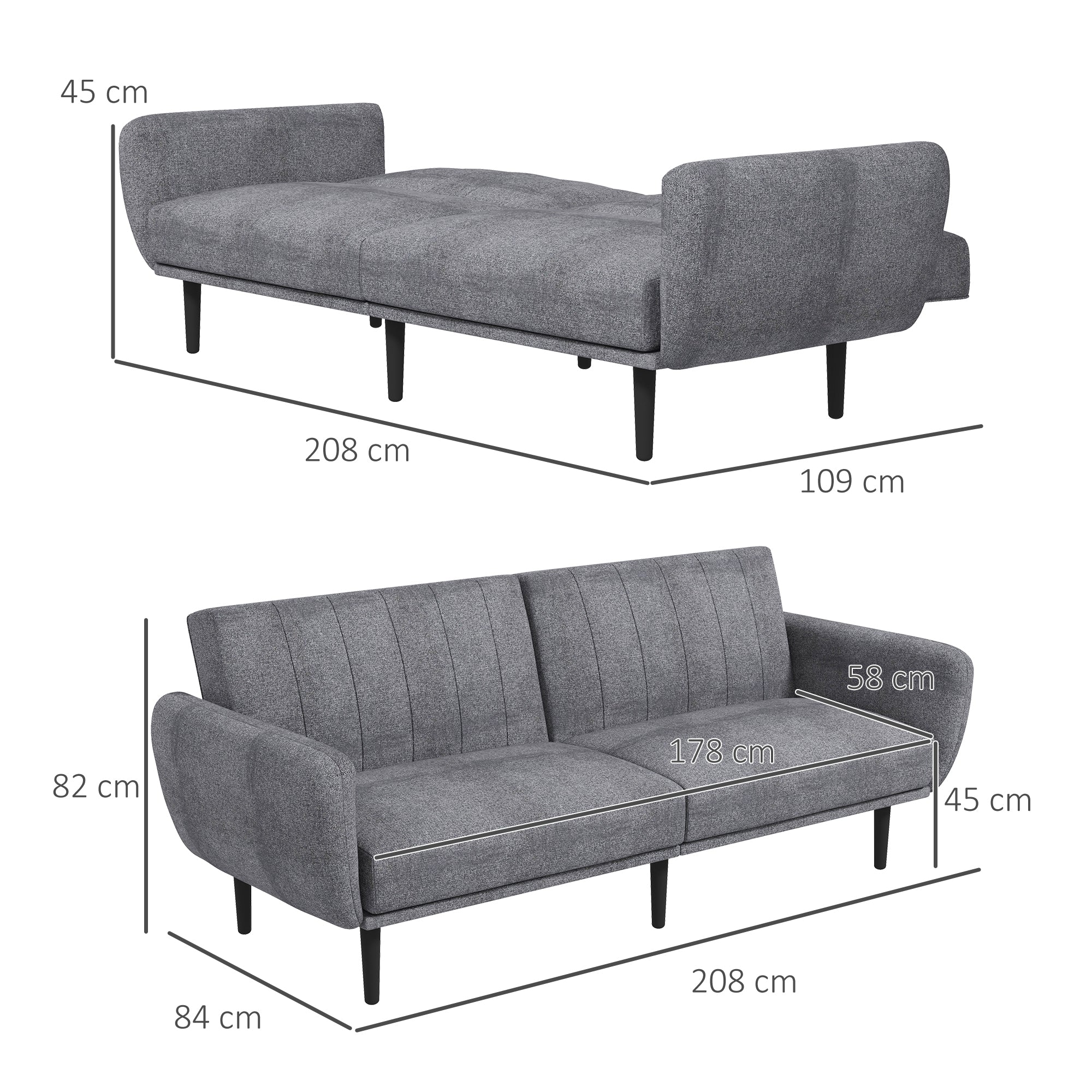 Homcom Sofa bed 3 seats with reclining backrest at 3 levels in fabric, 208x84x82cm, gray - Borgè