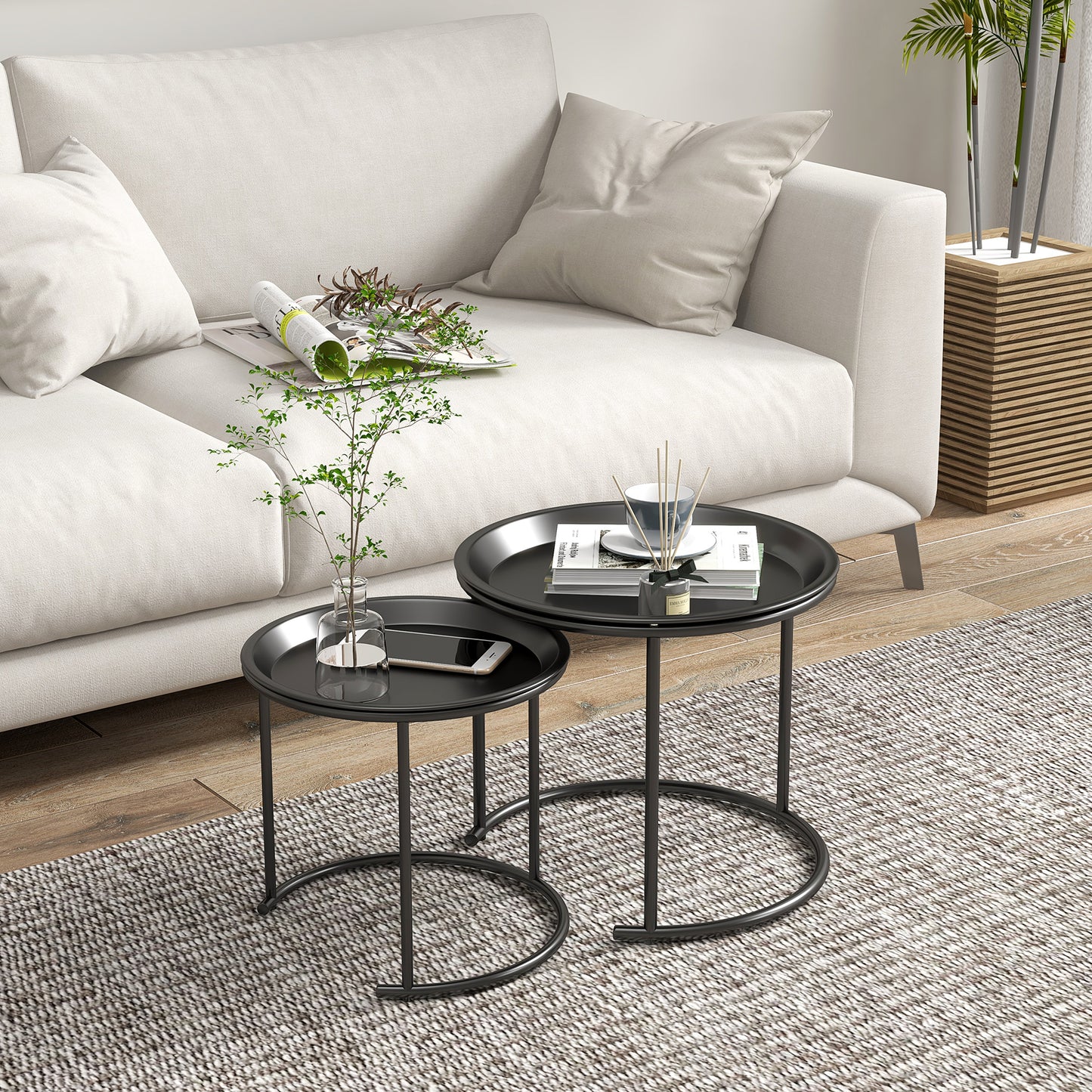 Set of 2 Round Nesting Coffee Tables with Removable Steel Tray, Black