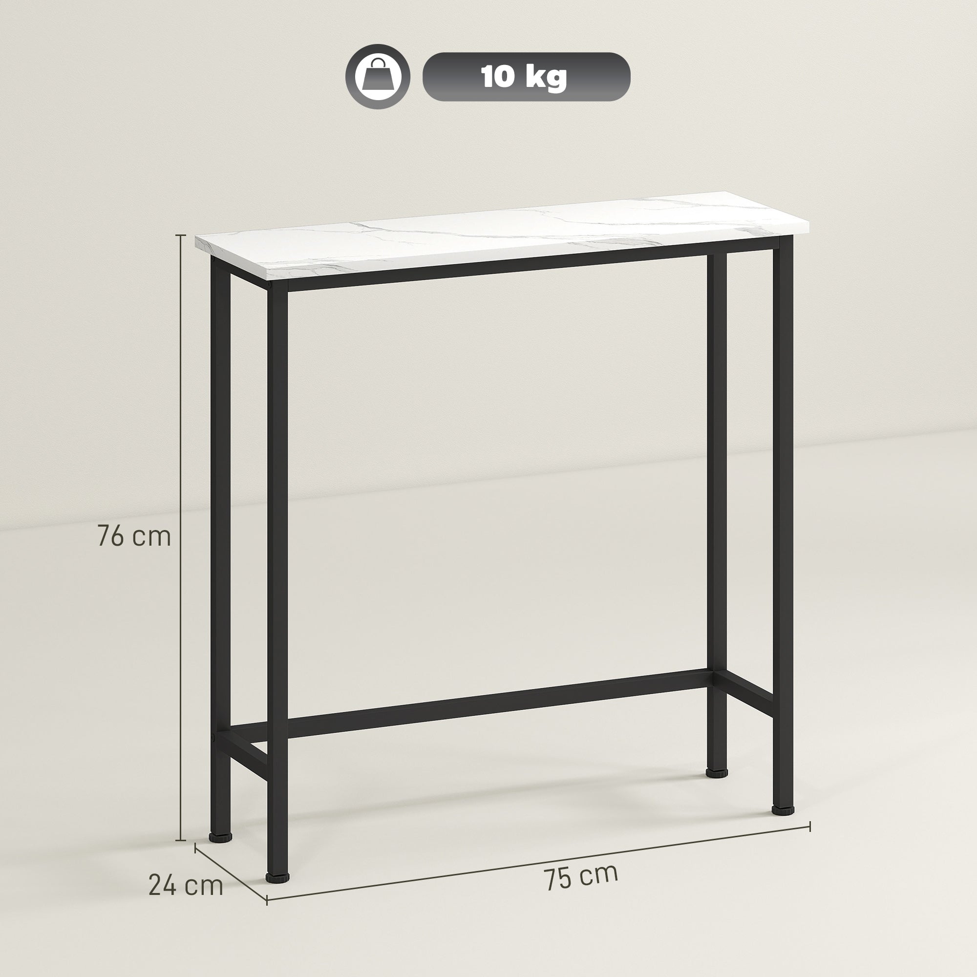 Entrance Console Table with Marble-Effect Top, in Wood and Steel, 75x24x76 cm, Black and White