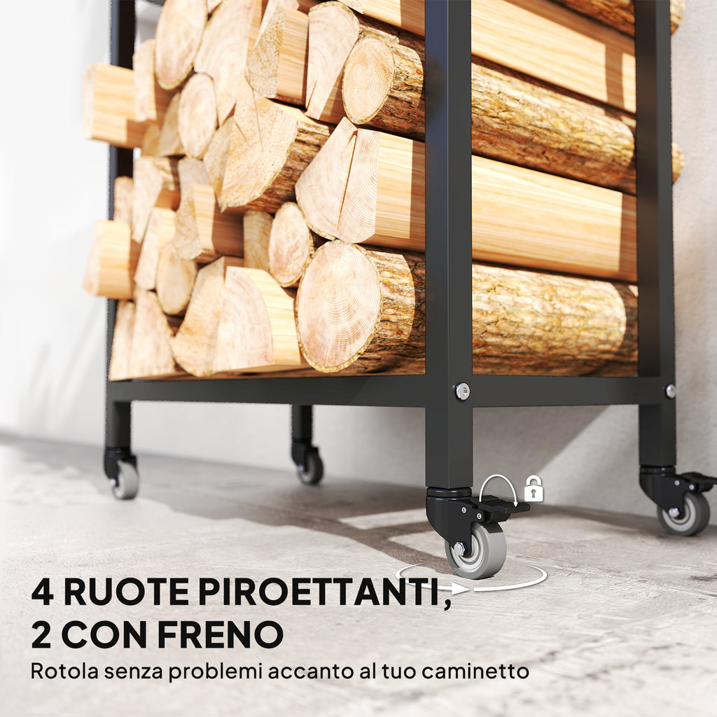Outsunny Two-Tier Indoor and Outdoor Log Rack with Reinforced Steel Wheels, 60x30x119 cm, Black