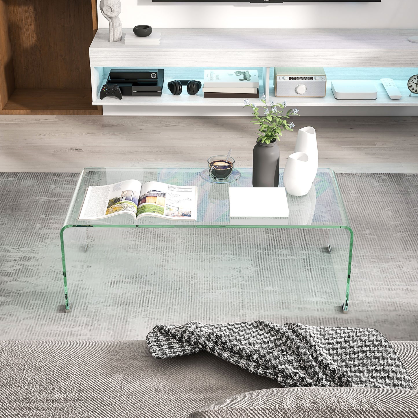 Modern Tempered Glass Coffee Table for the Living Room with Monobloc Design, 100x50x35 cm, Transparent