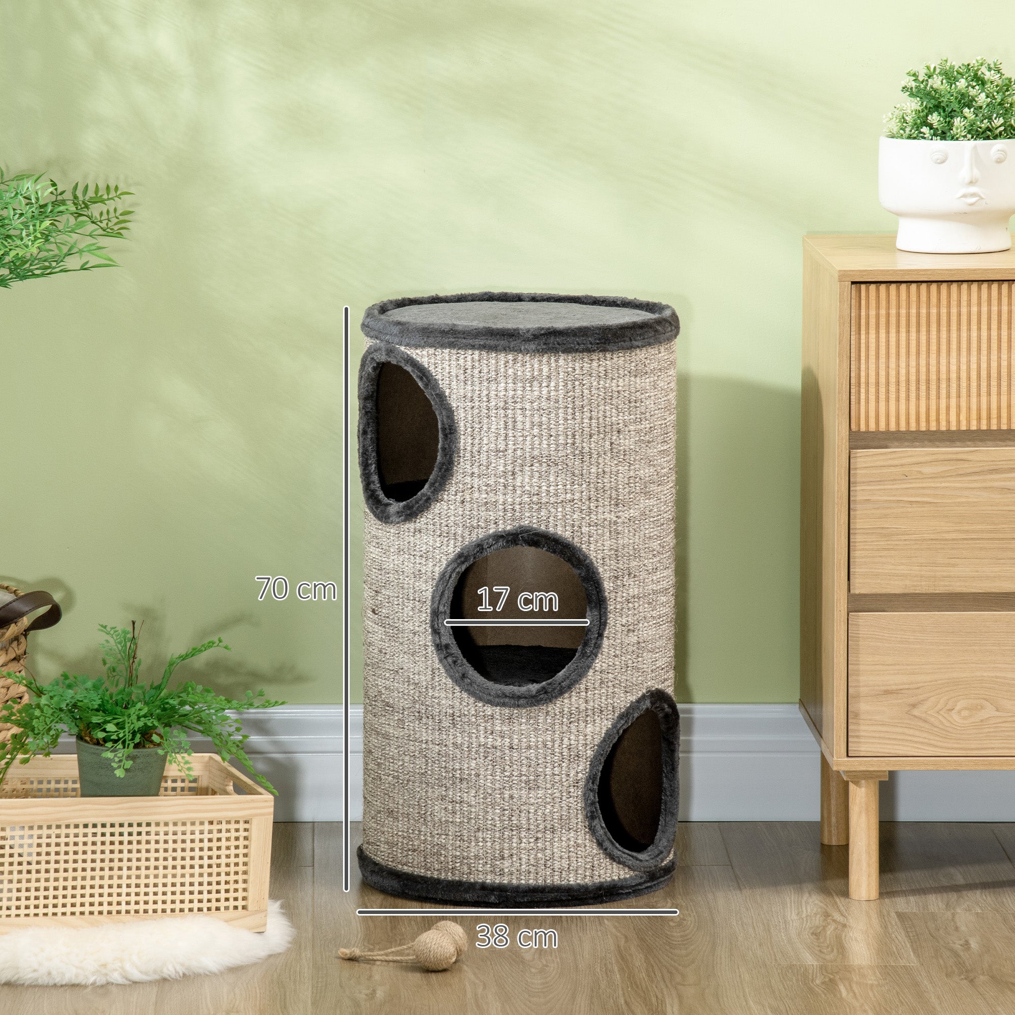 3-Tier Cat House with Sisal Scratching Post and Plush, Ø38x70cm, Grey